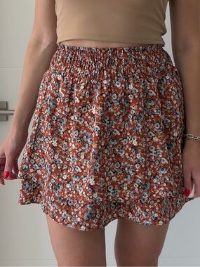 Paper Crane brown Floral Smocked Waist Skirt with Blue Accents